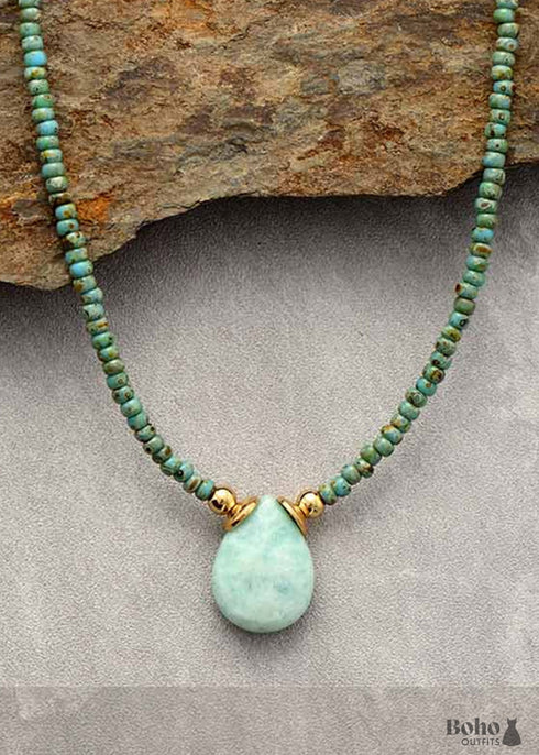 Boho Necklace, Seed Beads, Amazonite and Lapis